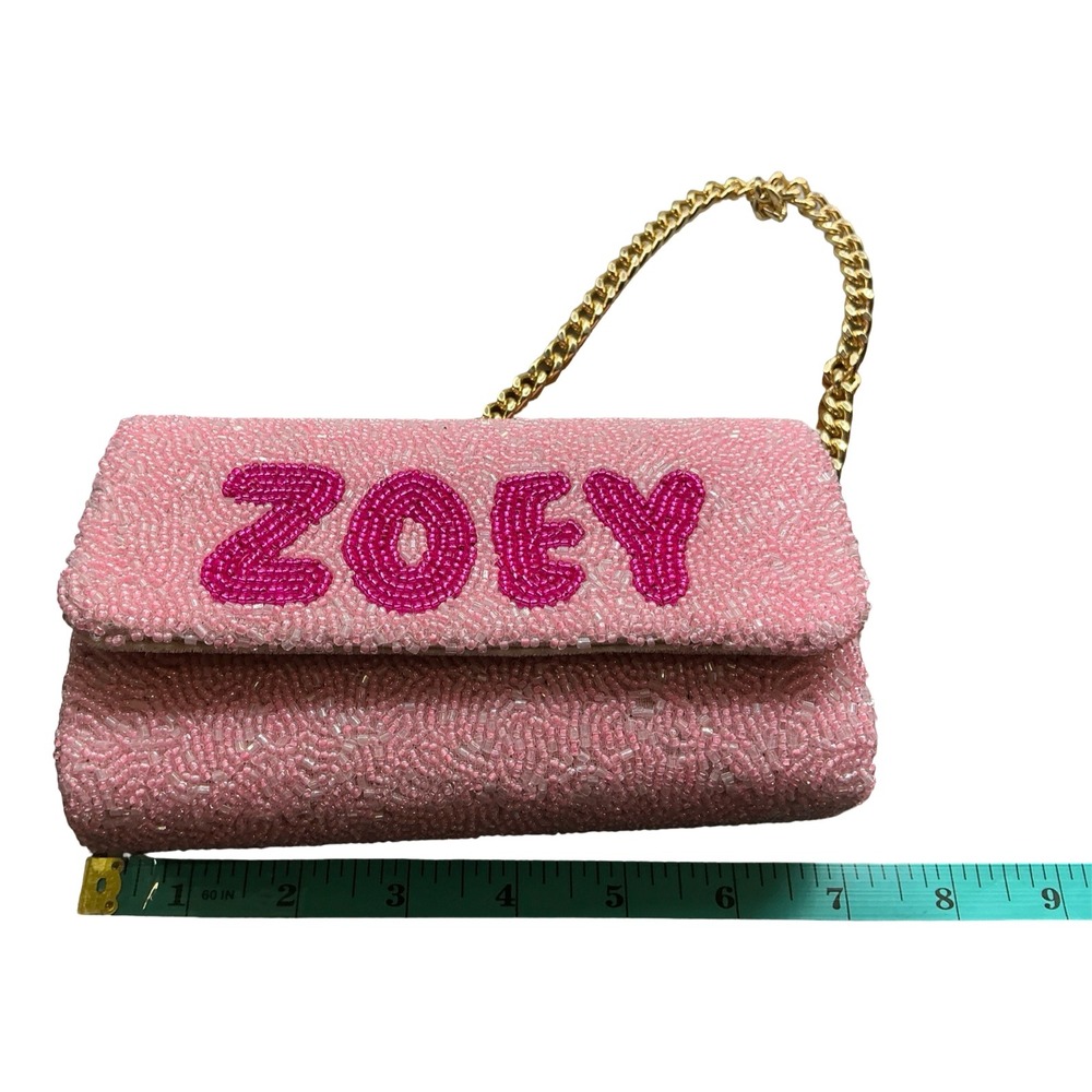 Island to East Side Zoey Pink Beaded Clutch Bag Personalized Gold Chain Strap - Picture 7 of 7